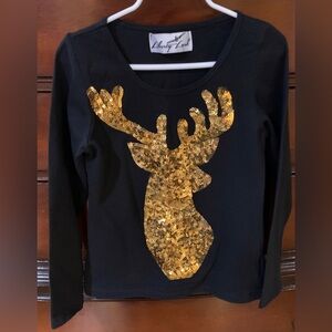 Liberty Lark Girls 7/8Y Black Shirt with Gold Sequins Deer